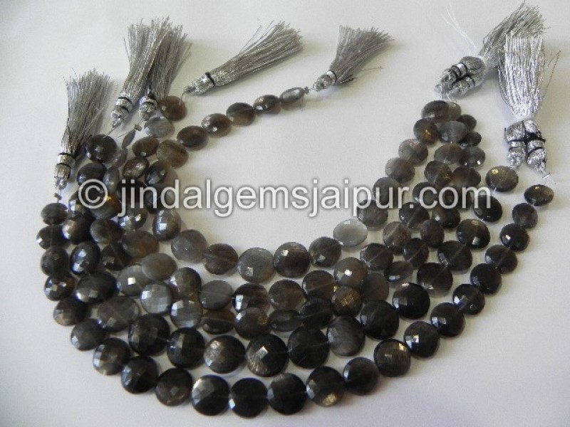 Golden Black Feldspar Faceted Coin Shape Beads